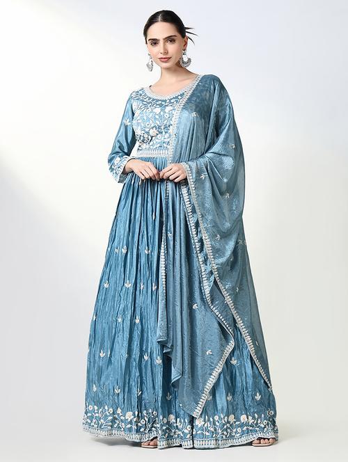 women light blue embroidered anarkali kurta with dupatta - 21661562 - Standard Image - 0