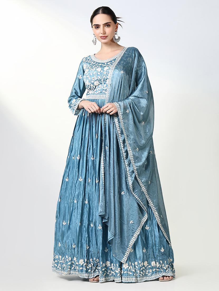 women light blue embroidered anarkali kurta with dupatta - 21661562 - Zoom Image - 0
