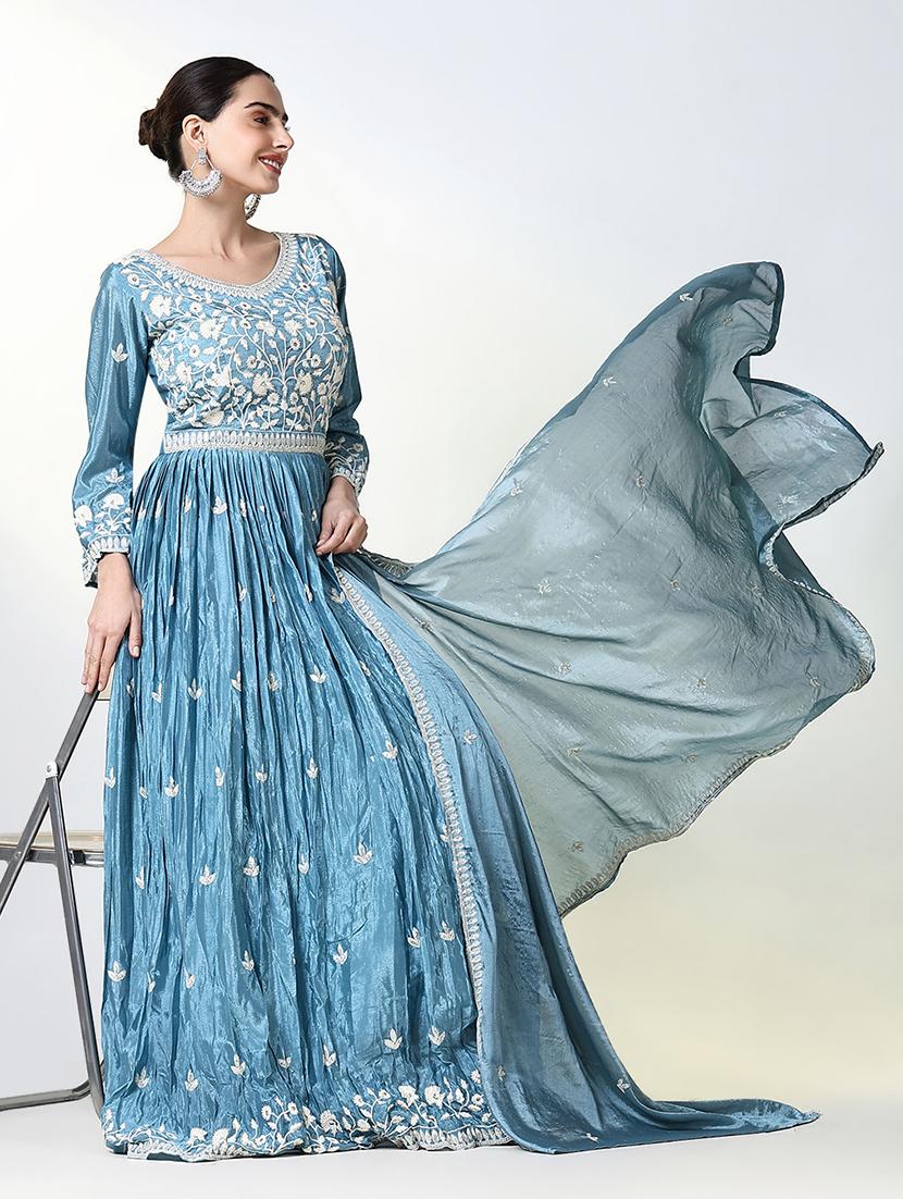 women light blue embroidered anarkali kurta with dupatta - 21661562 -  Standard Image - 1