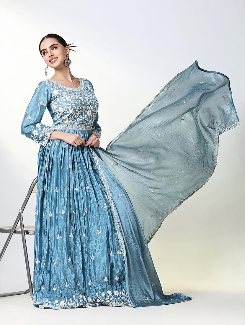 women light blue embroidered anarkali kurta with dupatta - 21661562 - Standard Image - 4