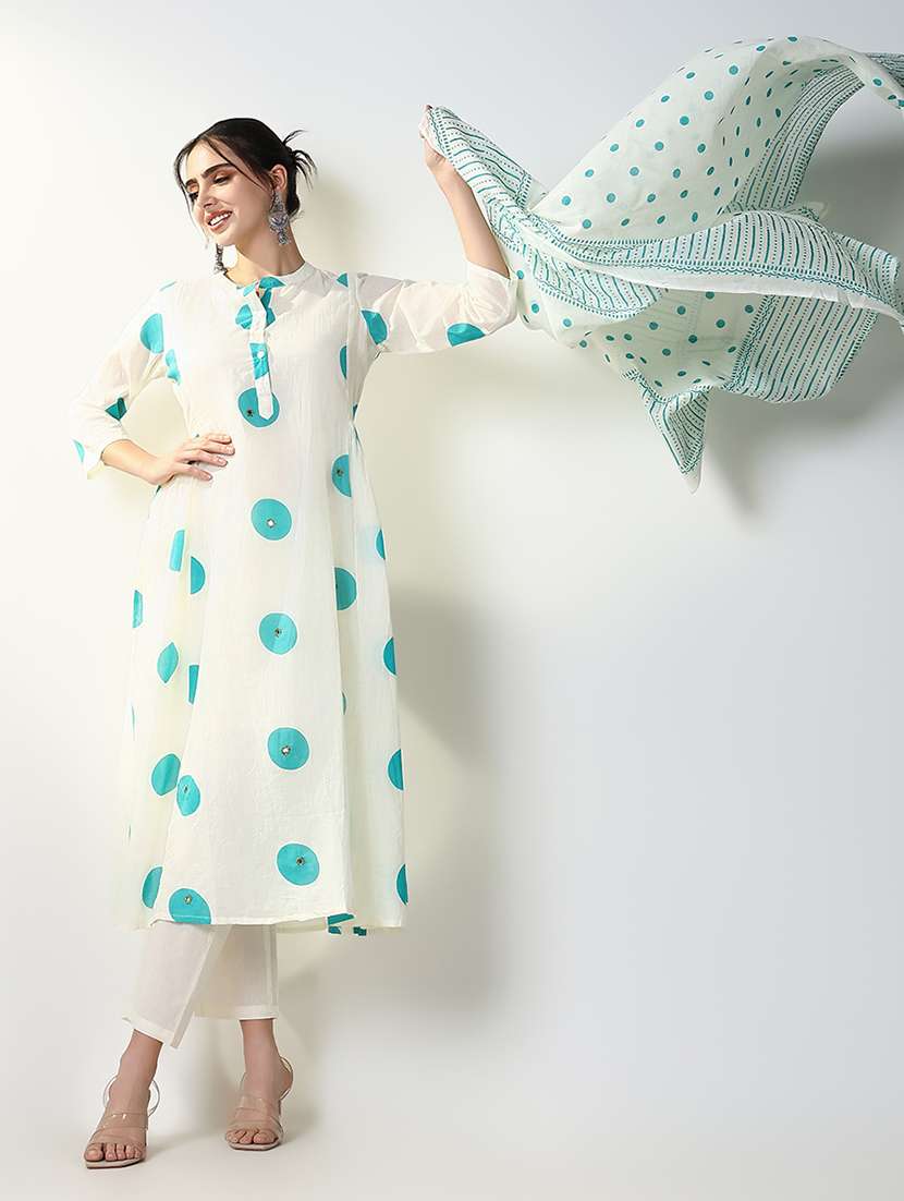 women poka dots three quarter sleeve kurta pant with dupatta set - 21661572 -  Standard Image - 1