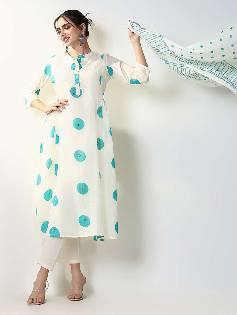 women poka dots three quarter sleeve kurta pant with dupatta set - 21661572 -  Standard Image - 4