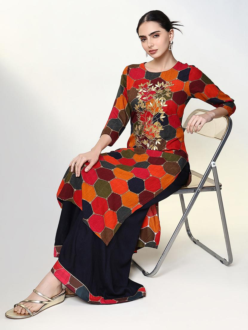 women geometric printed three quarter sleeve kurta palazzo set - 21661574 -  Standard Image - 1