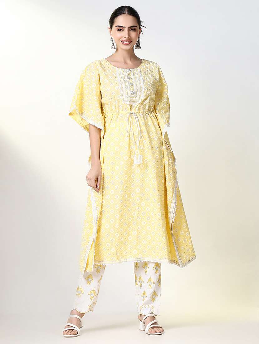 women yellow printed round neck kaftan set