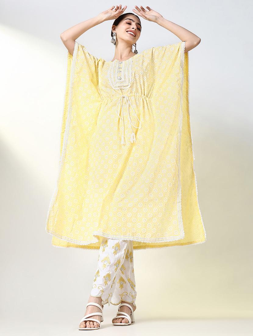 women yellow printed round neck kaftan set - 21661575 -  Standard Image - 1