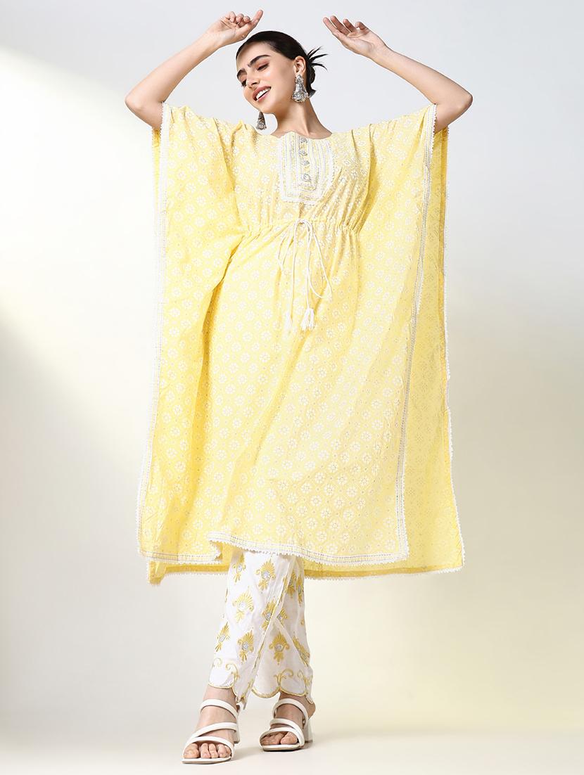 women yellow printed round neck kaftan set - 21661575 - Standard Image - 4