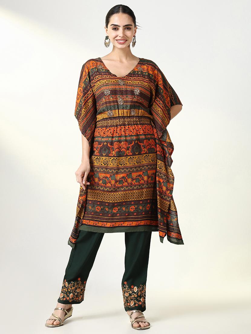 women printed kimono sleeve kaftan set