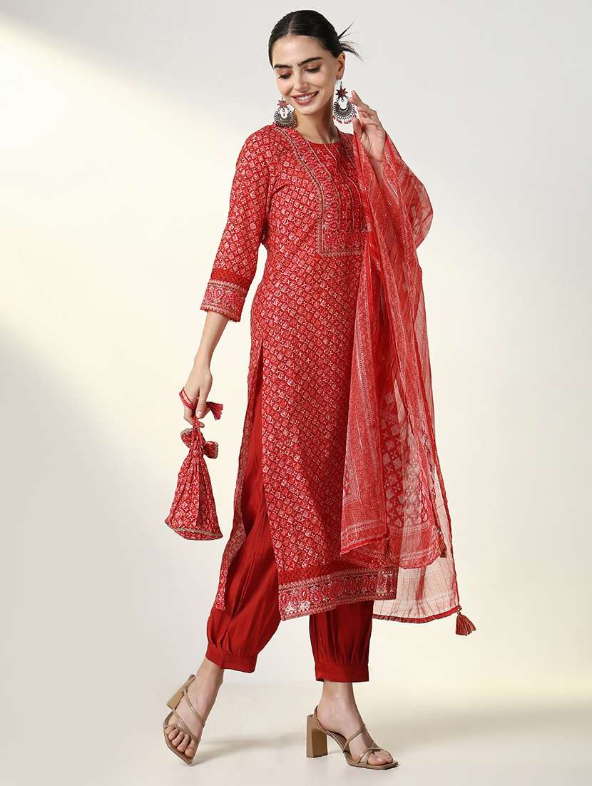 women three quarter sleeve kurta pant with dupatta set - 21661586 -  Standard Image - 1