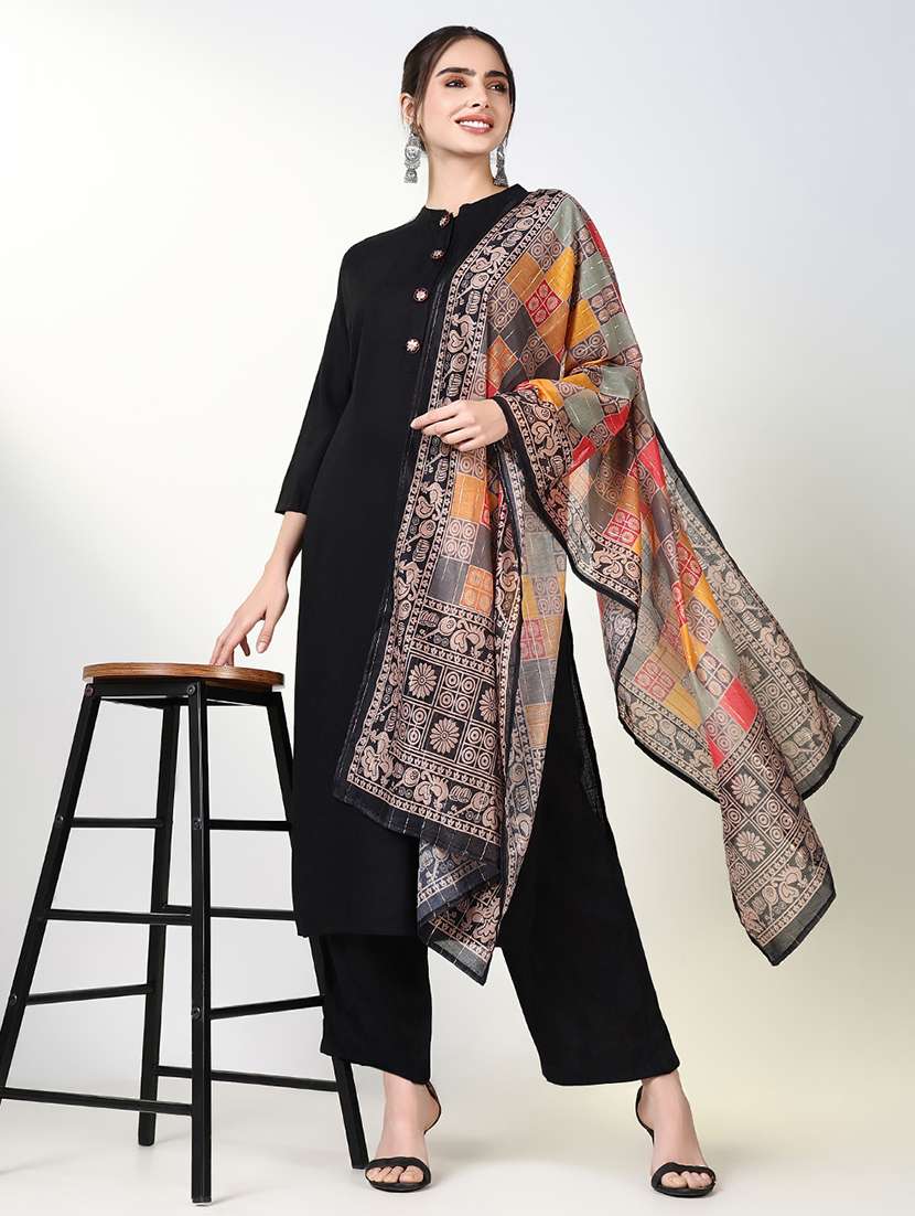 women solid mandarin neck kurta pant set with dupatta - 21661595 -  Standard Image - 1