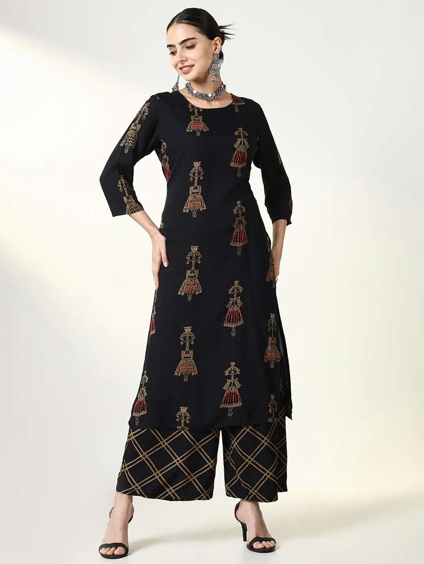 women black printed three quarter sleeve kurta palazzo set  - 21661599 -  Standard Image - 1