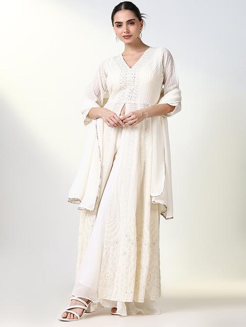 women white embroidered v neck fusion set - 21661614 -  Standard Image - 0