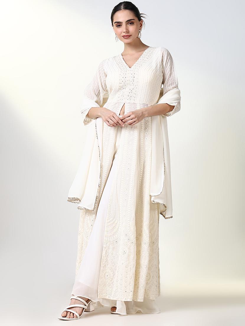 women white embroidered v neck fusion set - 21661614 -  Zoom Image - 0
