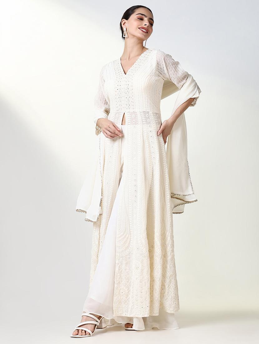 women white embroidered v neck fusion set - 21661614 - Standard Image - 1
