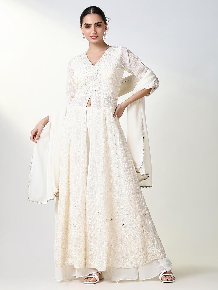 women white embroidered v neck fusion set - 21661614 - Standard Image - 4