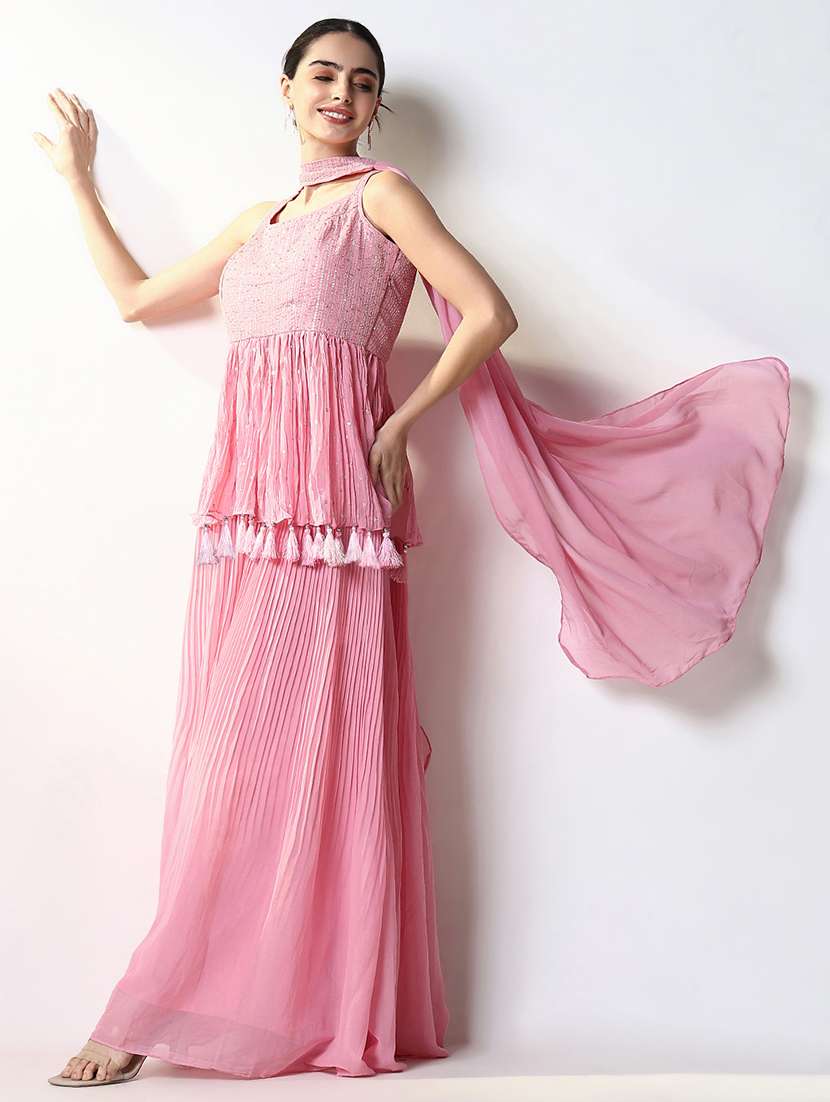 women pink sleeveless kurta palazzo set with dupatta - 21661633 -  Standard Image - 1