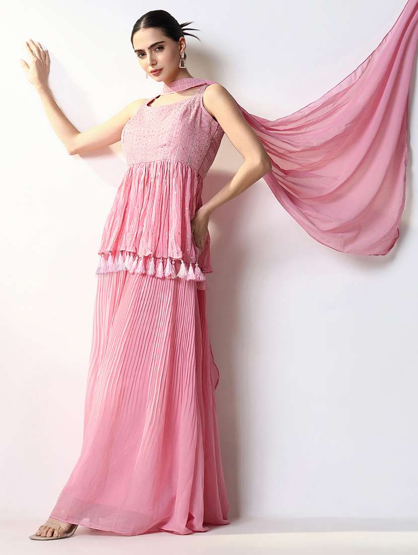 women pink sleeveless kurta palazzo set with dupatta - 21661633 -  Standard Image - 4