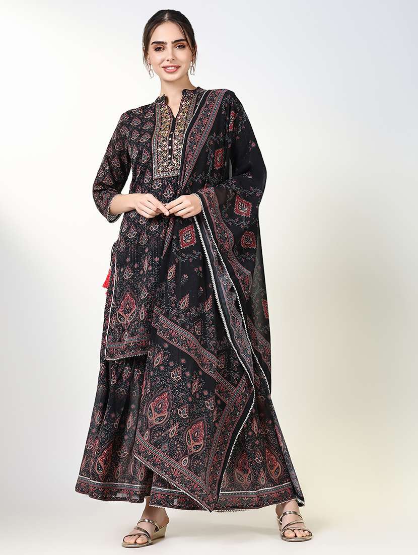women printed kurta sharara set with dupatta