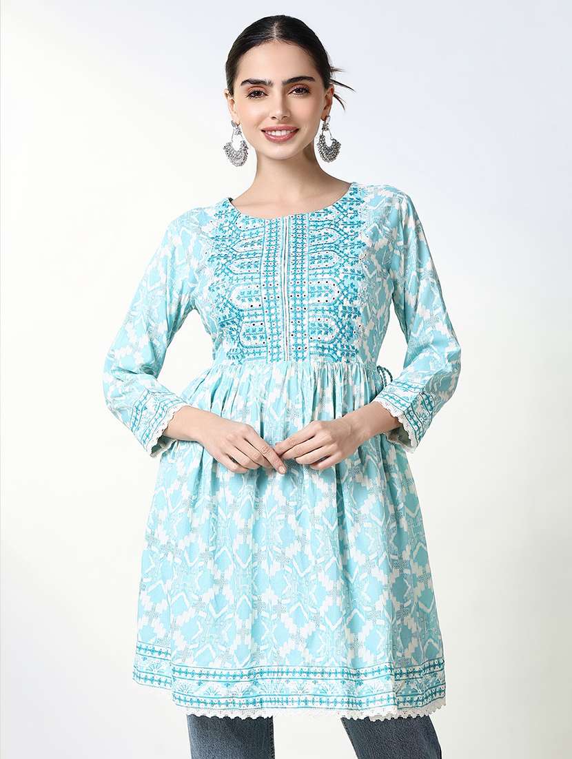 women light blue printed a-line kurti