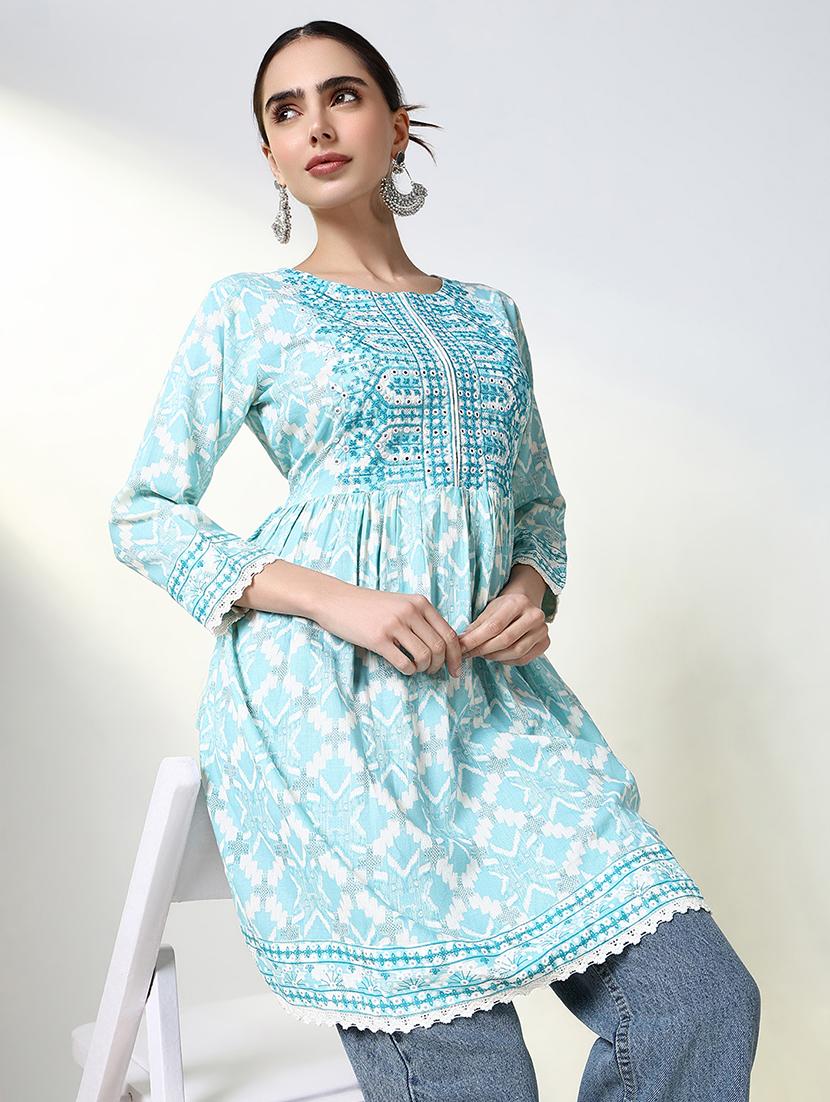 women light blue printed a-line kurti - 21661683 -  Standard Image - 1