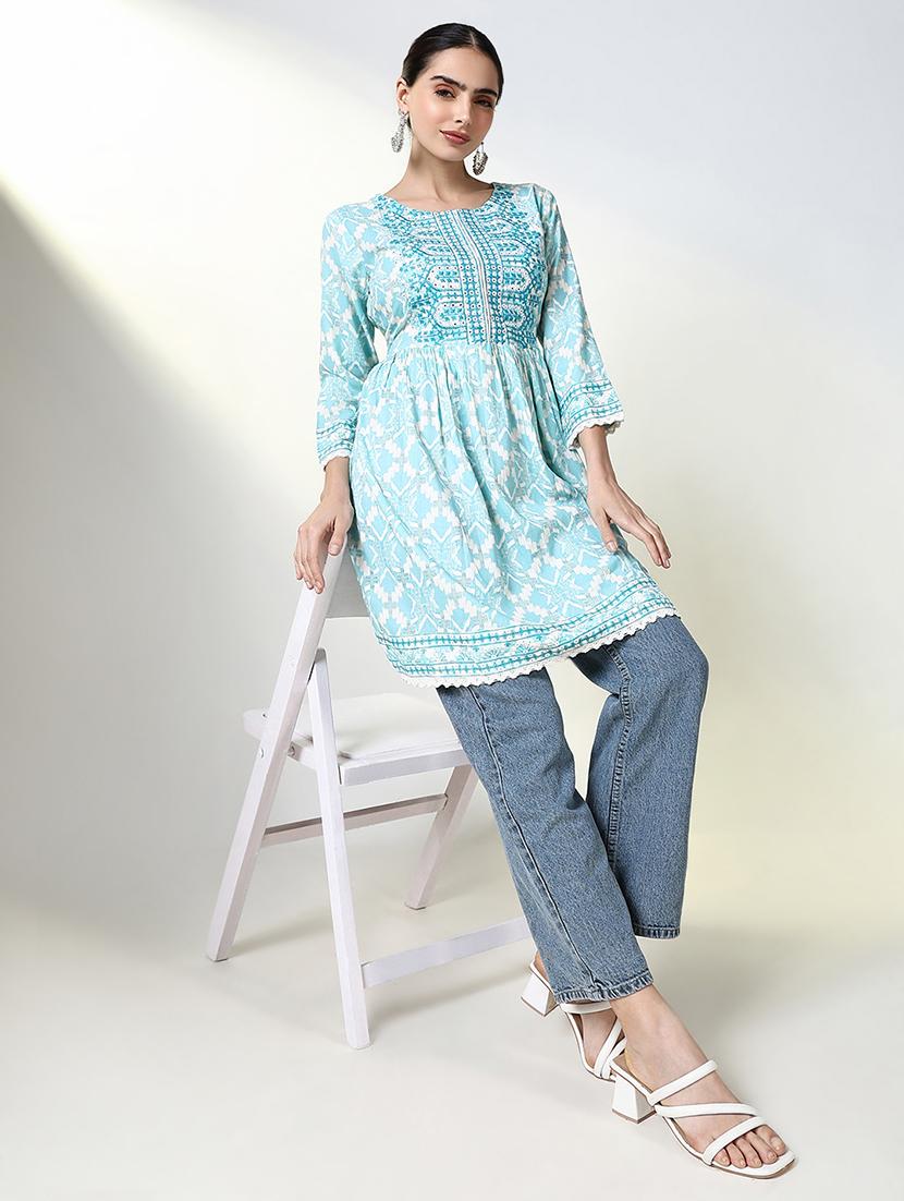 women light blue printed a-line kurti - 21661683 - Standard Image - 4