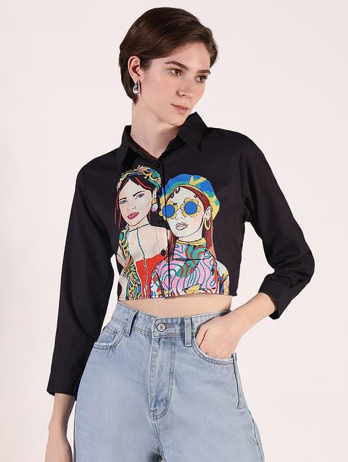 women long sleeves printed crop shirt - 21661695 - Standard Image - 0