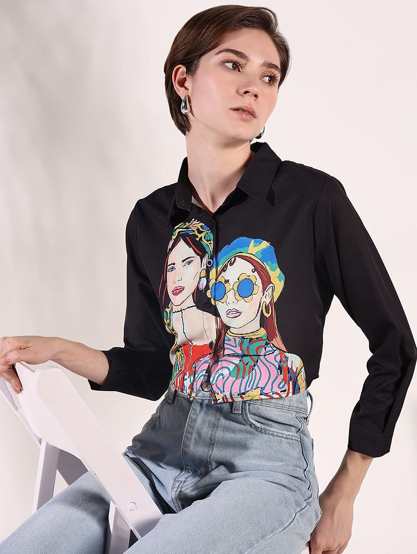 women long sleeves printed crop shirt - 21661695 - Standard Image - 1