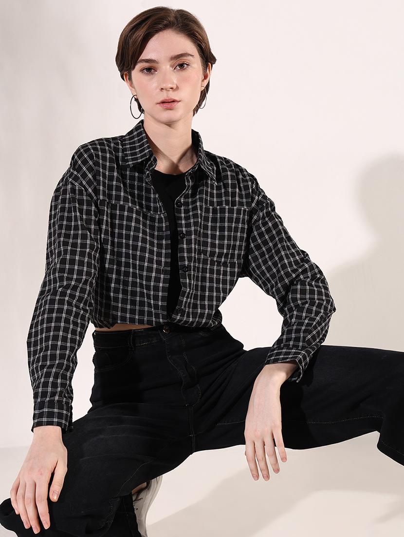 women long sleeves checkered crop shirt - 21661696 - Standard Image - 1