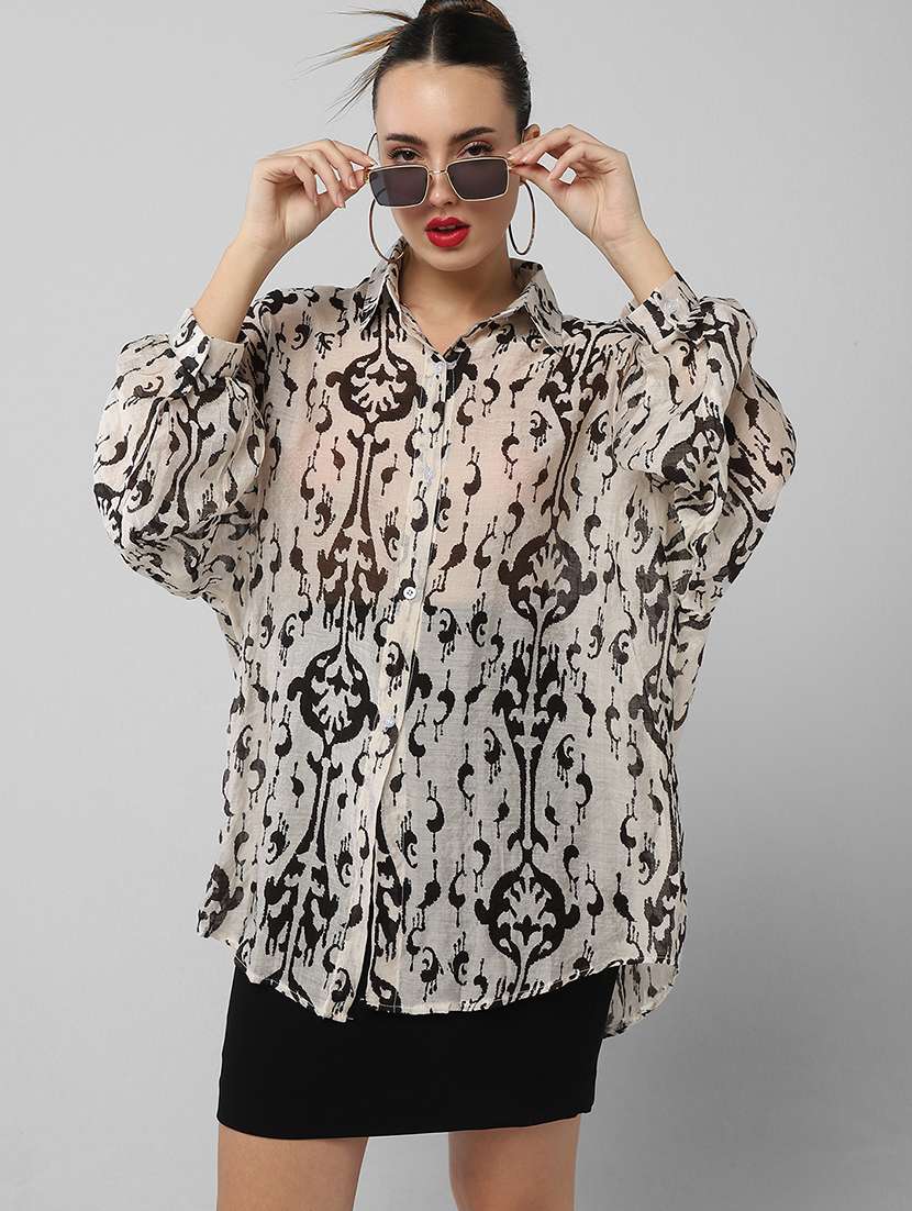 women puff sleeves printed oversized shirt - 21661698 -  Standard Image - 1
