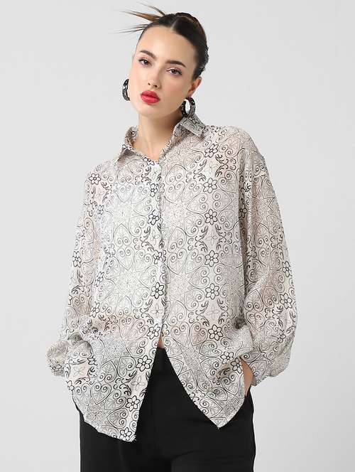 women puff sleeves printed oversized shirt - 21661699 -  Standard Image - 0