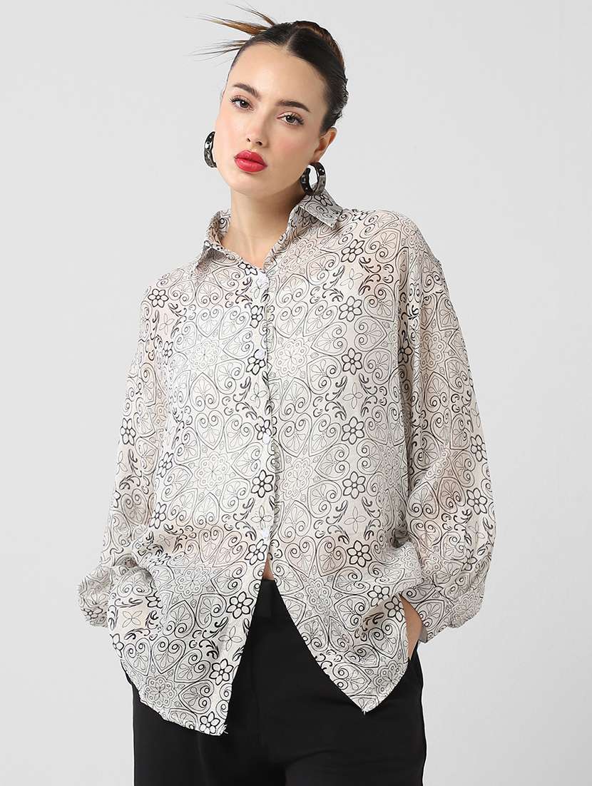 women puff sleeves printed oversized shirt