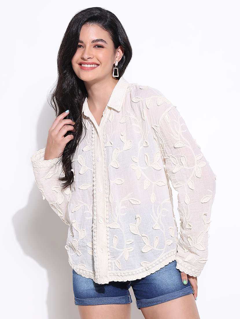 women embroidered collared long sleeves shirt