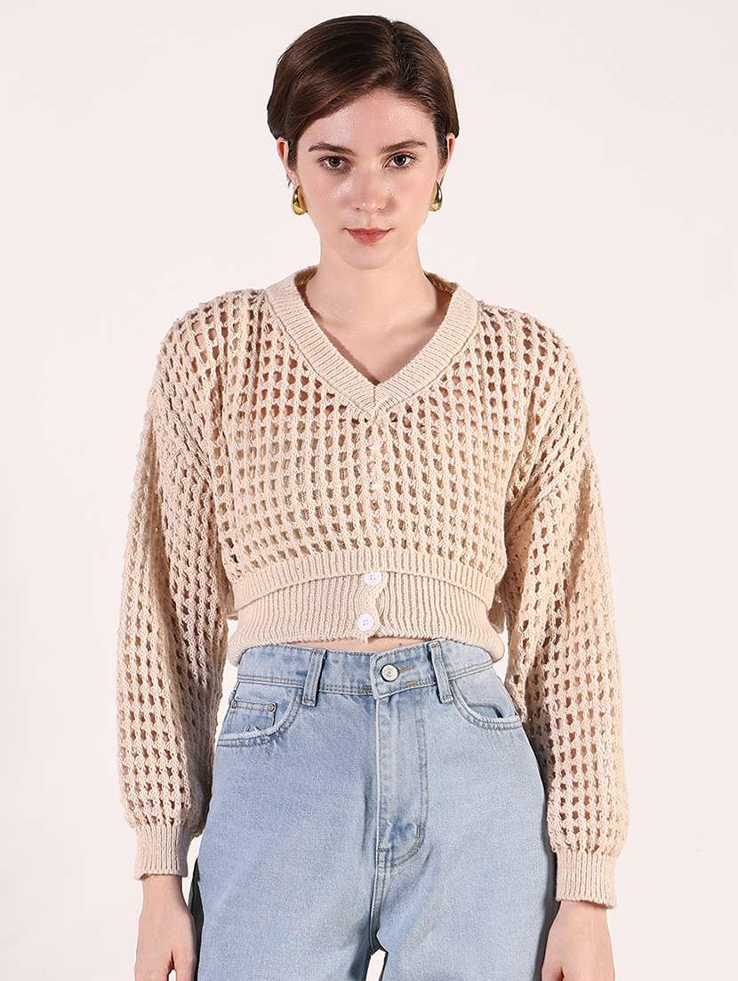 women crochet detailed long sleeves crop top