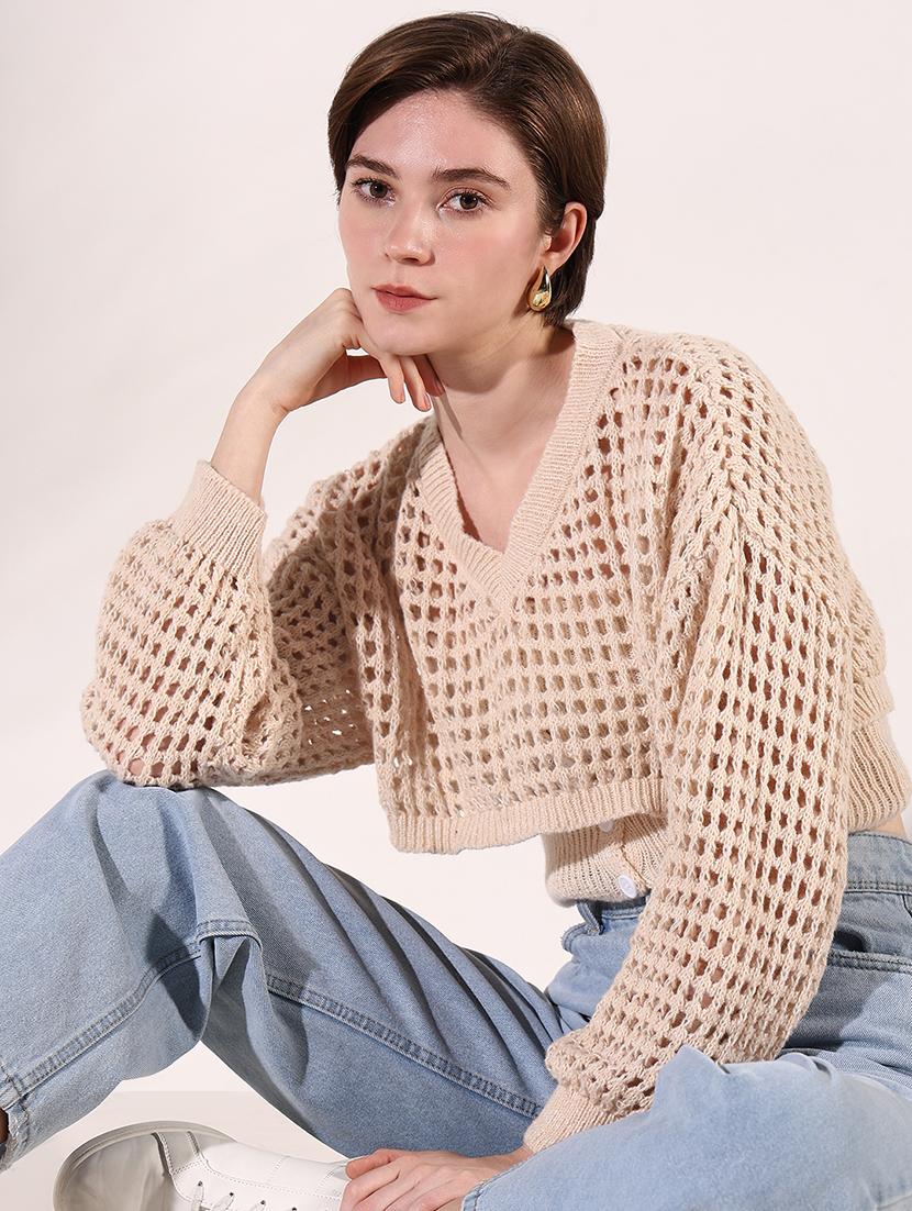 women crochet detailed long sleeves crop top - 21661748 -  Standard Image - 1