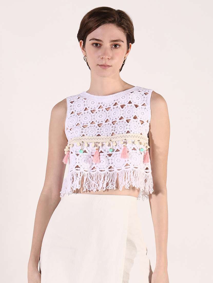 women crochet detailed long sleeves crop top