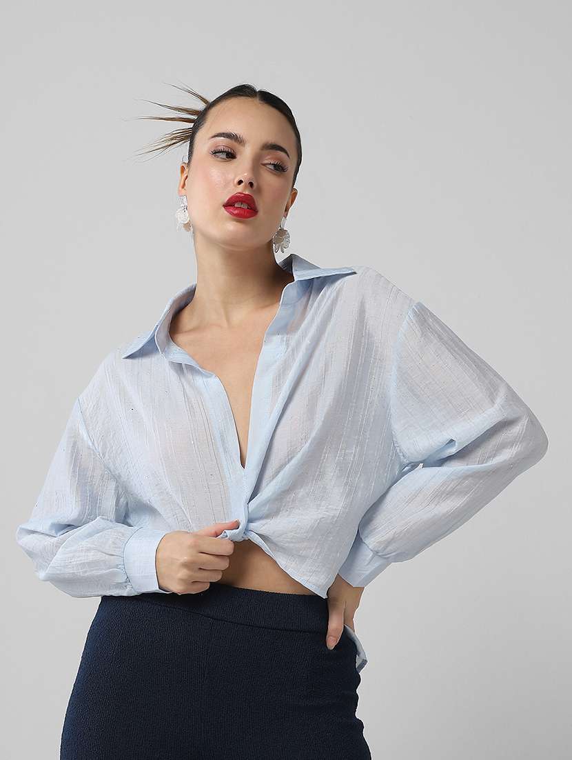 women solid collared long sleeves shirt top - 21661790 -  Standard Image - 1