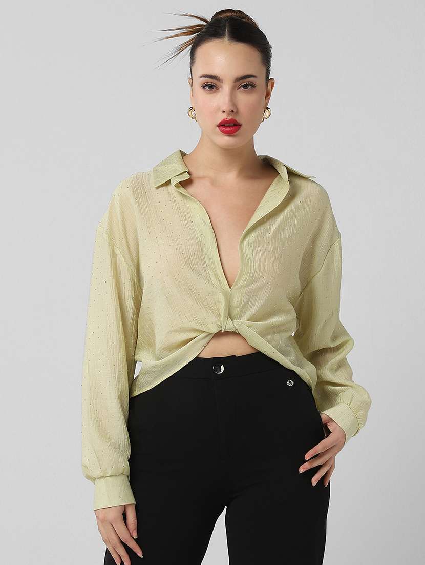 women solid collared long sleeves shirt top