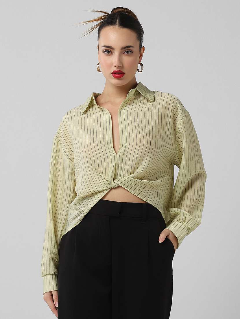women striped collared long sleeves shirt top