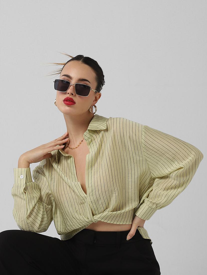 women striped collared long sleeves shirt top - 21661794 - Standard Image - 1