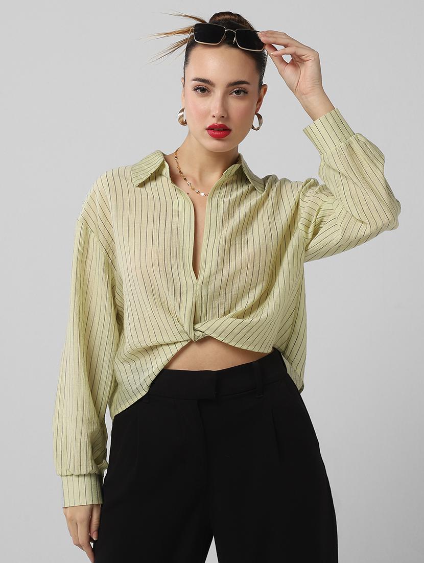 women striped collared long sleeves shirt top - 21661794 - Standard Image - 6