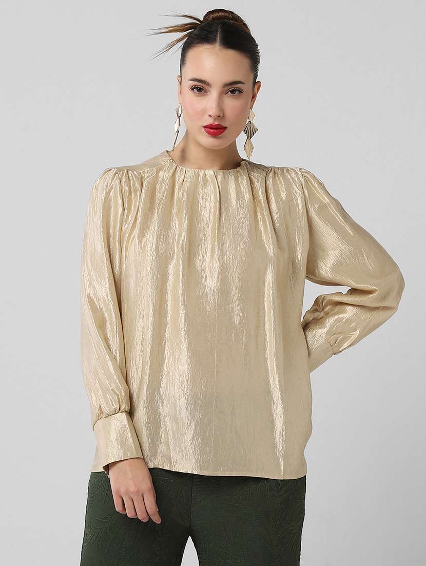 women solid puff sleeves regular top