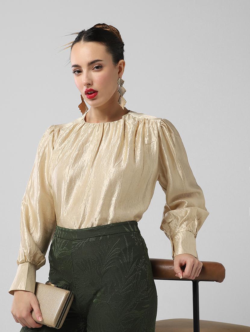 women solid puff sleeves regular top - 21661798 -  Standard Image - 1