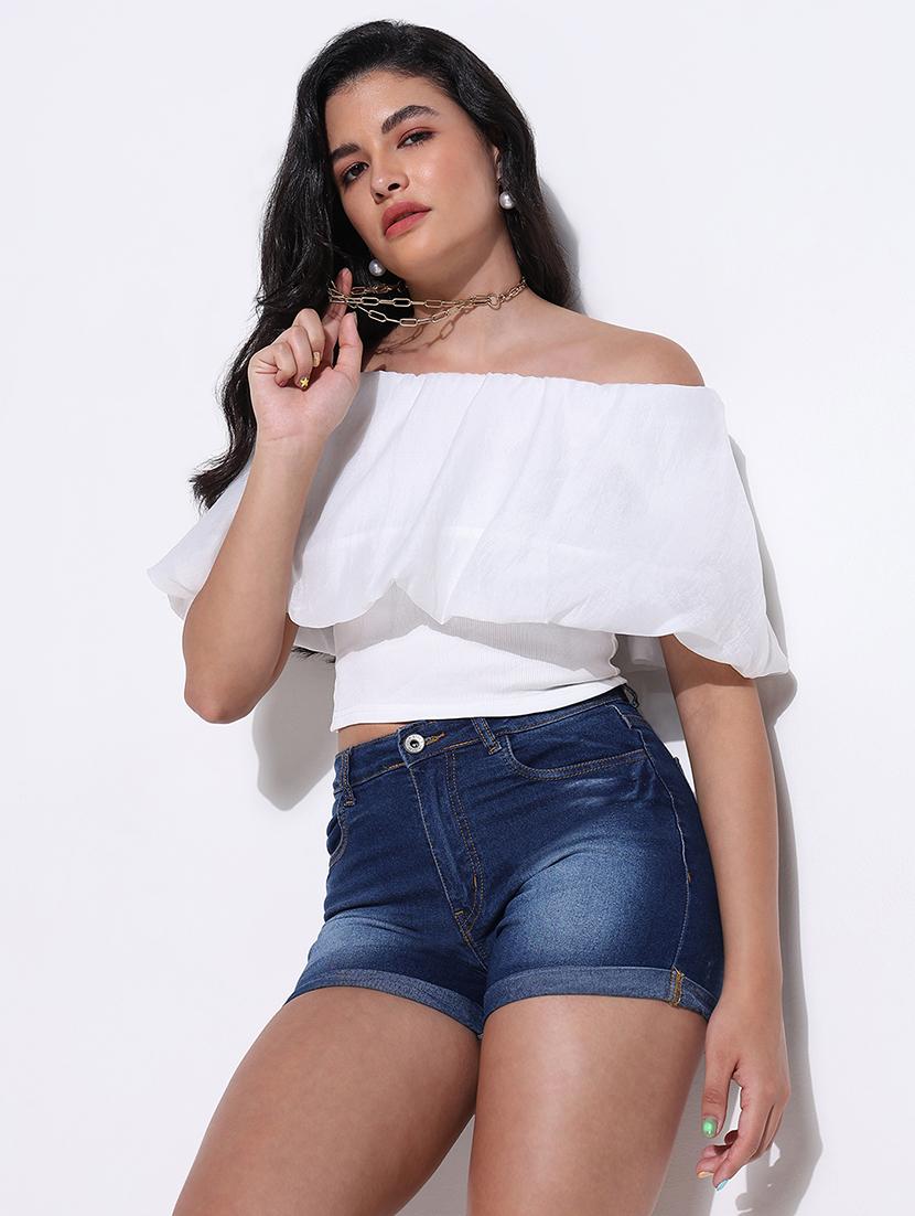 women solid off shoulder crop top - 21661803 - Standard Image - 1