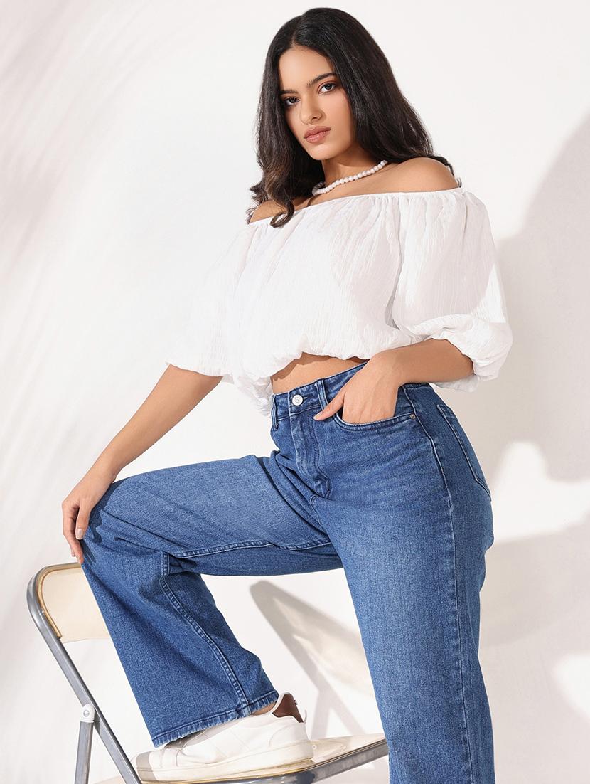 women solid off shoulder blouson top - 21661811 -  Standard Image - 1