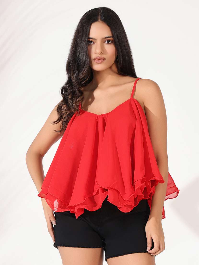 women solid shoulder strap flared top - 21661831 -  Zoom Image - 0