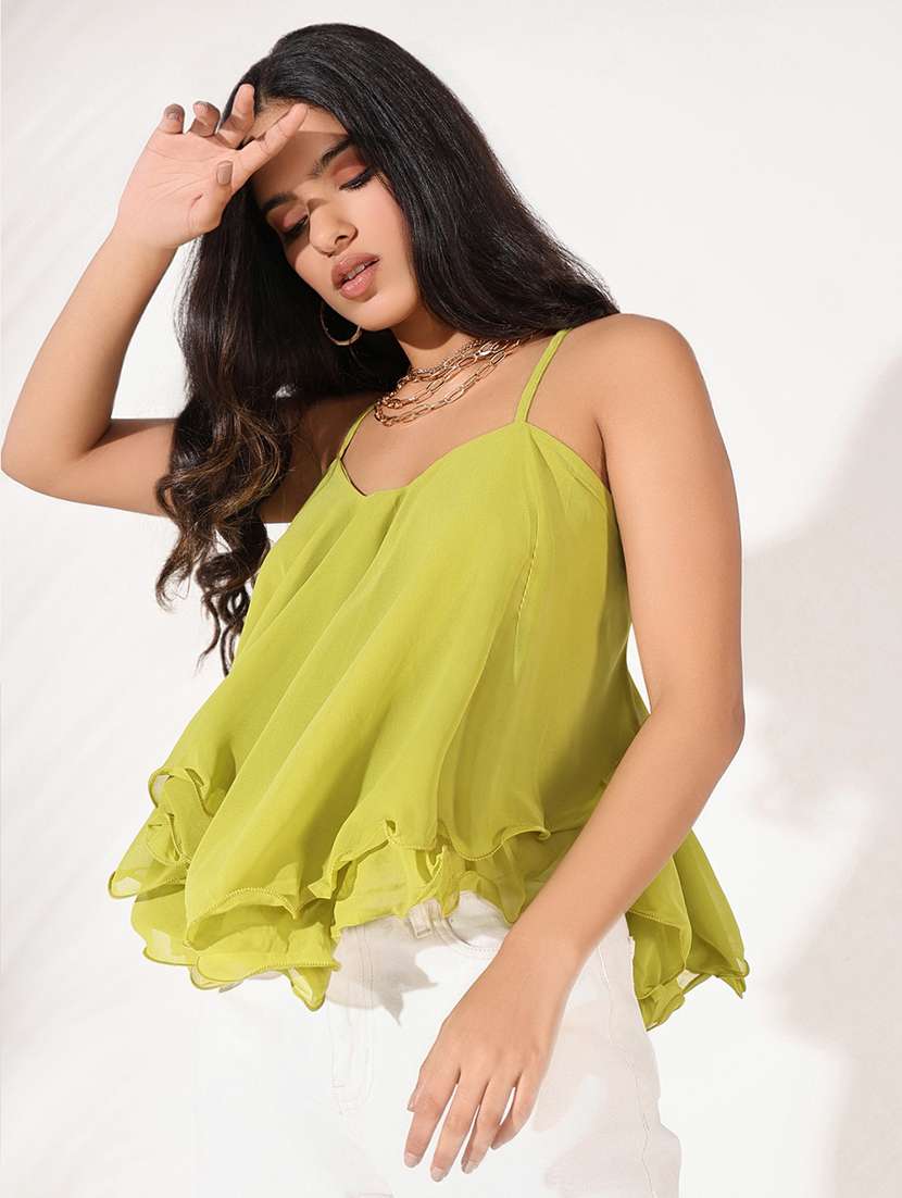 women solid shoulder strap flared top - 21661832 -  Standard Image - 1