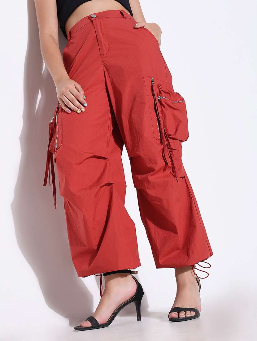 women solid high rise relaxed fitcargo - 21661847 -  Standard Image - 1