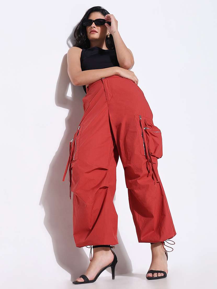 women solid high rise relaxed fitcargo - 21661847 -  Standard Image - 4