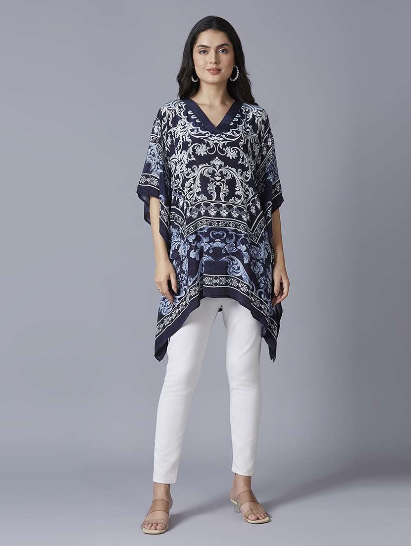 women navy blue printed kaftan tops