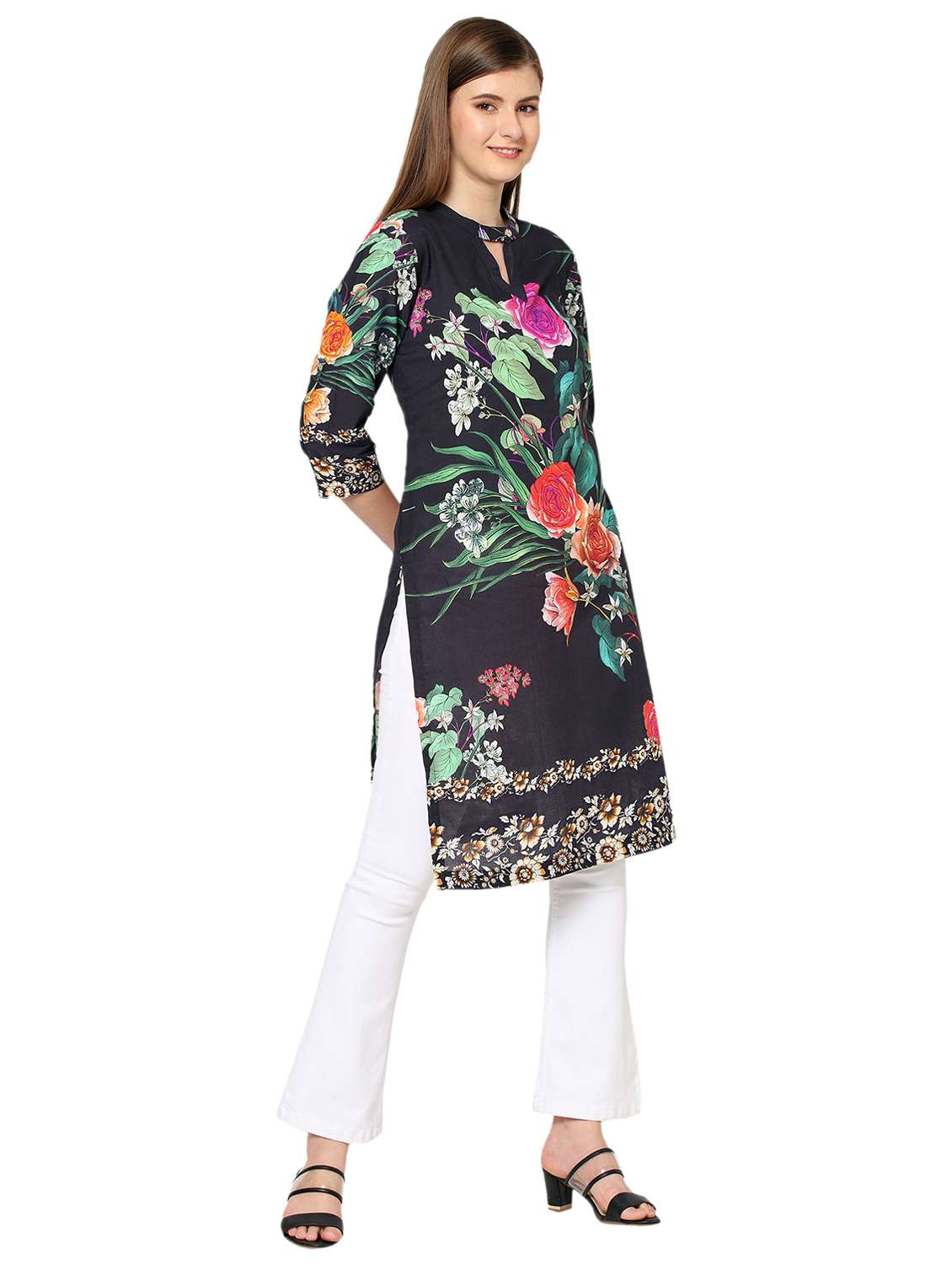 women floral three quarter sleeve straight kurta - 21662097 - Standard Image - 1