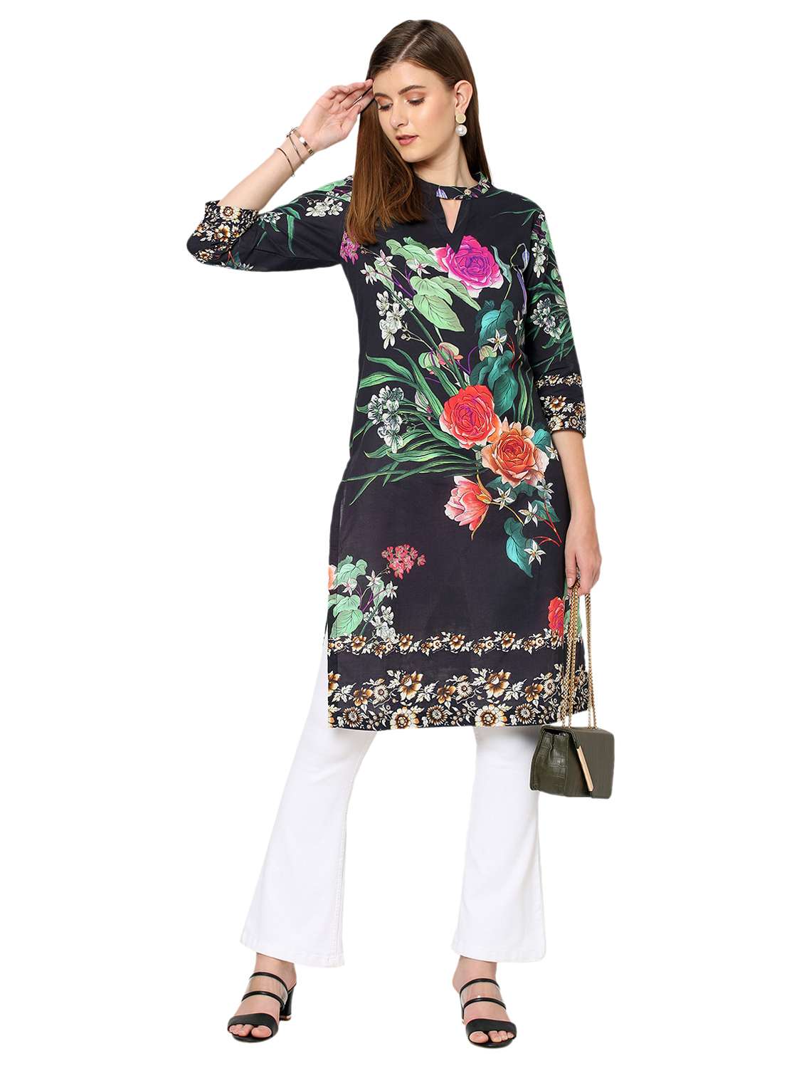women floral three quarter sleeve straight kurta - 21662097 - Standard Image - 4